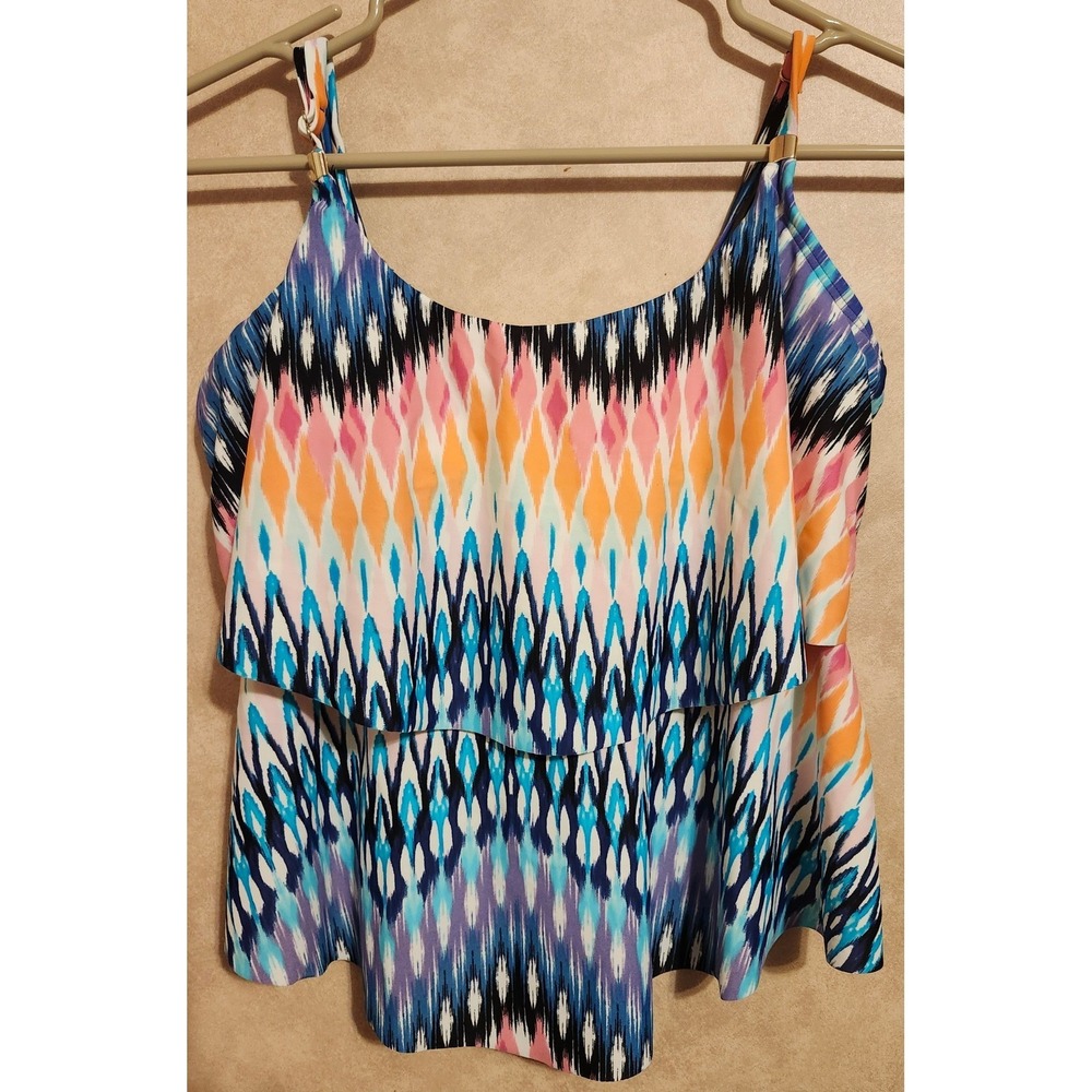 24th & Ocean Womens Tankini Swim Top Blue Orange Ikat Ruffle Tiered Size Medium